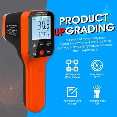 Інфрачервоний термометр WapoRich Pyrometer -50~1600°C, DS 30:1 з подвійним лазером, цифровий, перезаряджається, для піци, печей, промисловості, HVAC. Модель RQ-1600