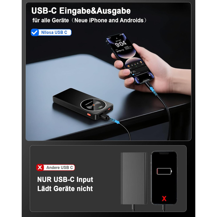 Портативний зарядний пристрій Power Bank Klein 10000mAh з USB-C, 3 порти, сумісний з iPhone 17/16/15/14/13 Pro Max Plus Mini, Android, чорний