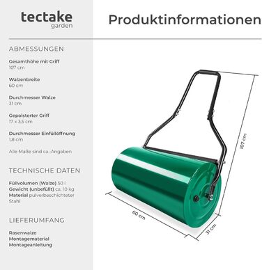 Садовий каток для газону tectake, наповнюваний, 50 л – для ущільнення ґрунту, догляду за газоном, внесення насіння та добрив