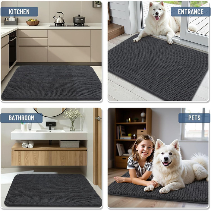 Товстий килимок для ванної кімнати Homaxy з chenille, 61×120 см, протиковзкий та гігроскопічний коврик у ванну, темно-сірий