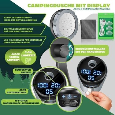 Соняшний душ KESSER® для кемпінгу з насосом та акумулятором 8000mAh. Комплект включає: регульований душ, шланг 2м, пістолет-розпилювач та кріплення. Без бака. Срібно-чорний колір.