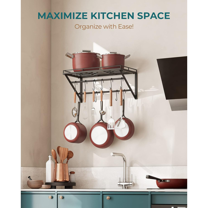OROPY Pot Rack, 3-Tier Iron Kitchen Shelf, Wall Mount, Pan Holder with 12 Hooks, 60 * 29.5 * 24.5cm, Kitchen Utensil Holder, Kitchen Wall Shelf for Pots and Pans