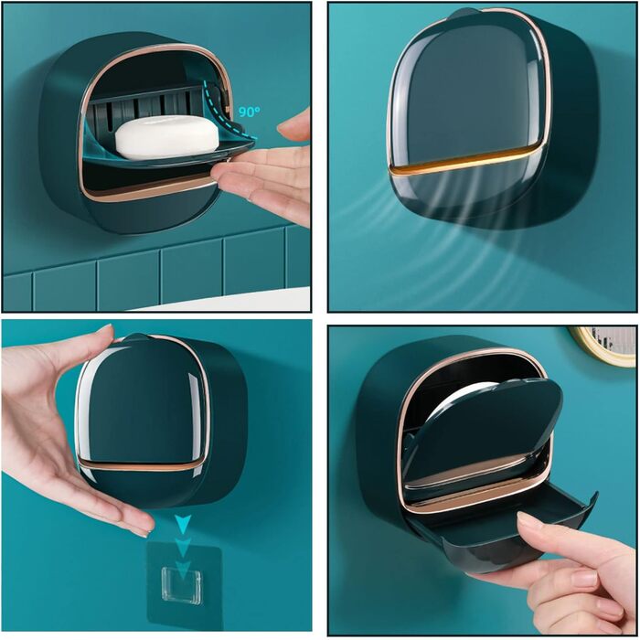 Настінна мильниця Flip-Deckel без свердління з піддоном для мила, вологостійка, для ванної та кухні (Темно-зелений)