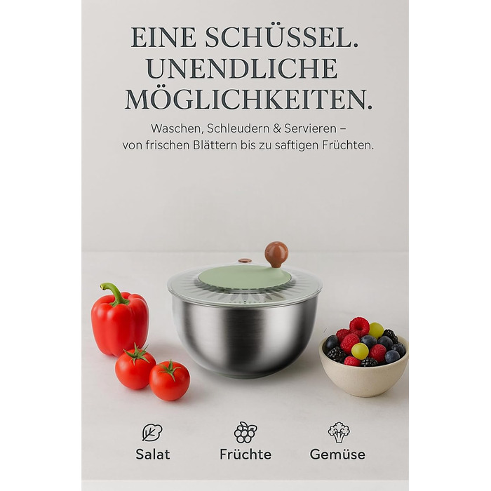Салатниця-центрифуга з нержавіючої сталі, 500 г об'єму, 5 л, ручний привід з ручкою, неслизький кришка та випуск води, придатна для миття в посудомийній машині, ідеальна для свіжих салатів та овочів