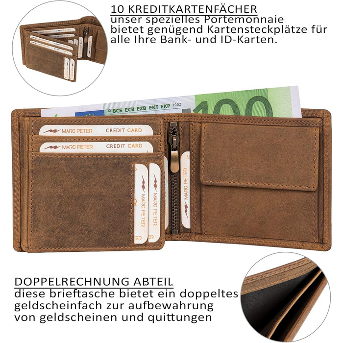 Marc Peter® Genuine Leather Wallet Hanover | Wallet for Men with RFID Protection | Large 10 Compartments Card Holder | Vintage Brown Portemonnaie