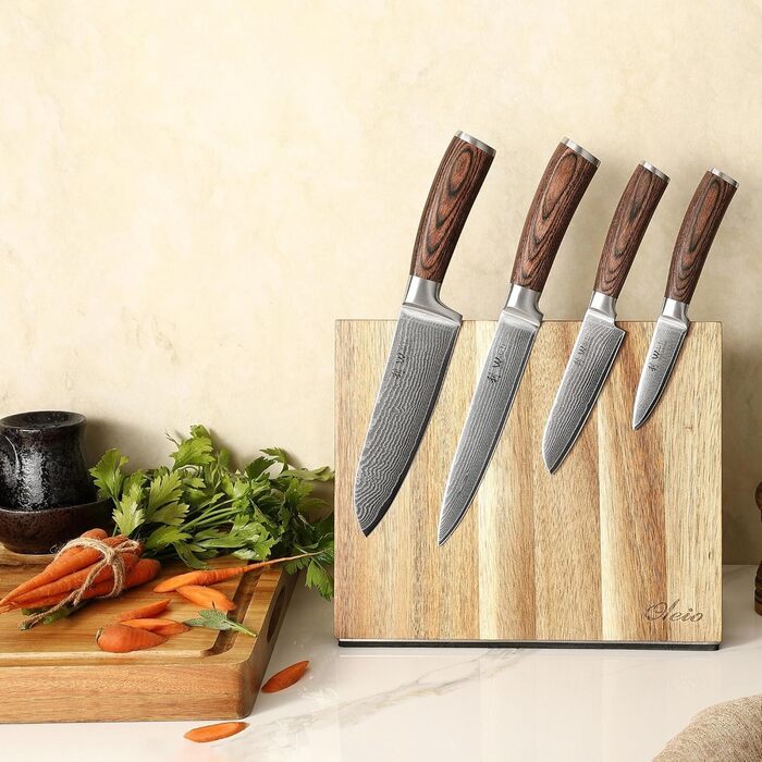Набір кухонних ножів Wakoli EDIB Damast 4 шт. з 67 шарів дамаської сталі (VG10) з дерев'яною ручкою. Включає: Сантоку, Офісний ніж, Ніж для м'яса. У подарунковій коробці (без гравіювання, без підставки)