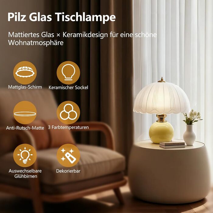 LED настільна лампа, невеликий скляний світильник з 3 режимами кольору, вінтажний приліжний світильник для вітальні та спальні