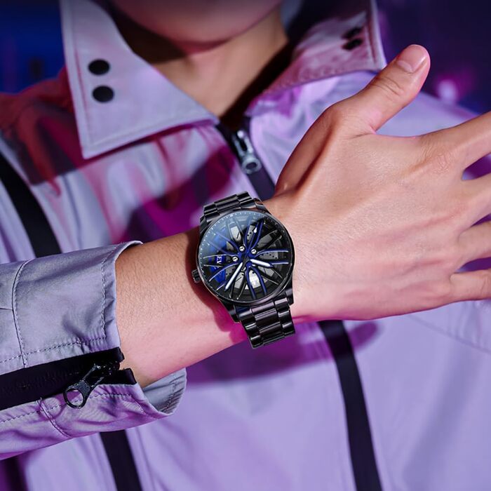 Чоловічий годинник OLEVS Quartz (9937 Blau) — Спортивний сталевий годинник з дизайном автоколеса, водонепроникний, з підсвічуванням циферблата