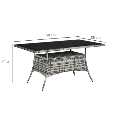 Столовий набір Outsunny з ротангу Polyrattan, скляний стіл 150x85x74 см із захисним склом сірого та чорного кольорів для саду, балкону, тераси