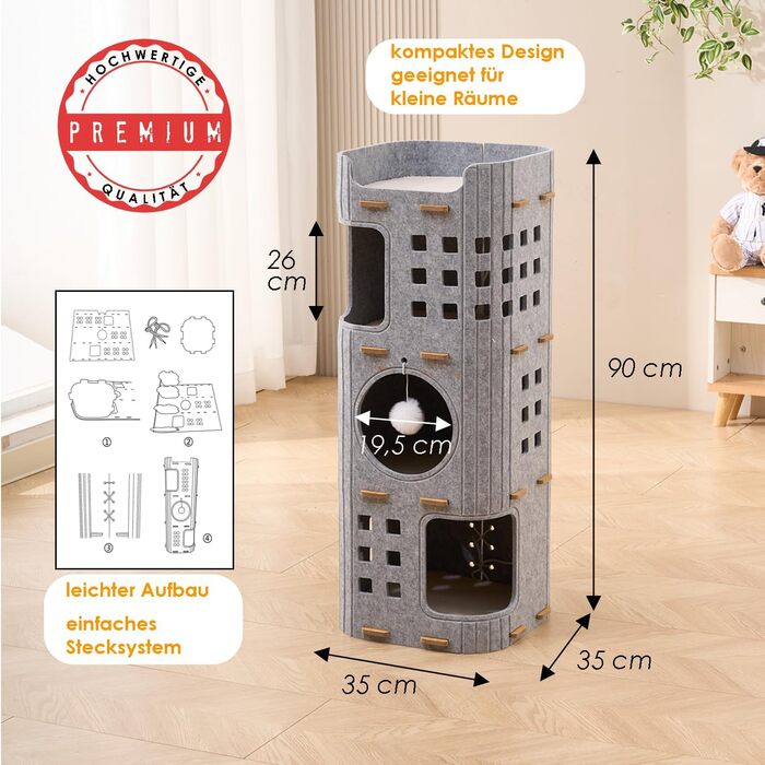 Котяча кігтеточка преміум-класу з 4 ярусами та 3 будиночками, філц, 90 см, зелений (сірий), 35x35x90 см