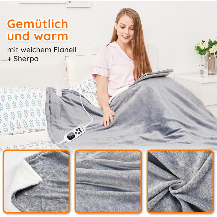 Електрична ковдра Mia&Coco з автовимкненням, 10 температурних режимів, таймер до 9 годин, захист від перегріву, фланель, 130x160 см, сіра