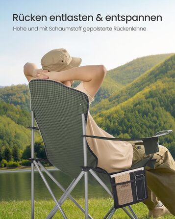 Кемпінговий стілець SONGMICS складаний, зелено-сірий, з підсклянником, тримачем для телефону та органайзером GCB005BH0