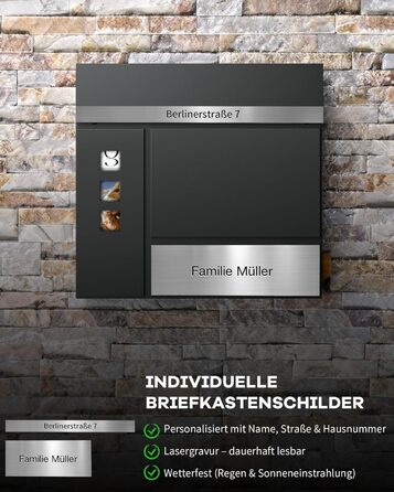 Поштовий ящик Anthrazit з гравіюванням, персоналізований, нержавіюча сталь, з відділенням для газет та замком (2 ключі) | Поштовий ящик з іменним шильдиком та номером будинку