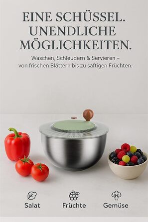 Салатниця-центрифуга з нержавіючої сталі, 500 г об'єму, 5 л, ручний привід з ручкою, неслизький кришка та випуск води, придатна для миття в посудомийній машині, ідеальна для свіжих салатів та овочів