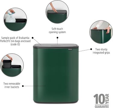 Відро для сміття Brabantia біле 60 літрів з 2 внутрішніми відрами (2х30л), колір Pine Green