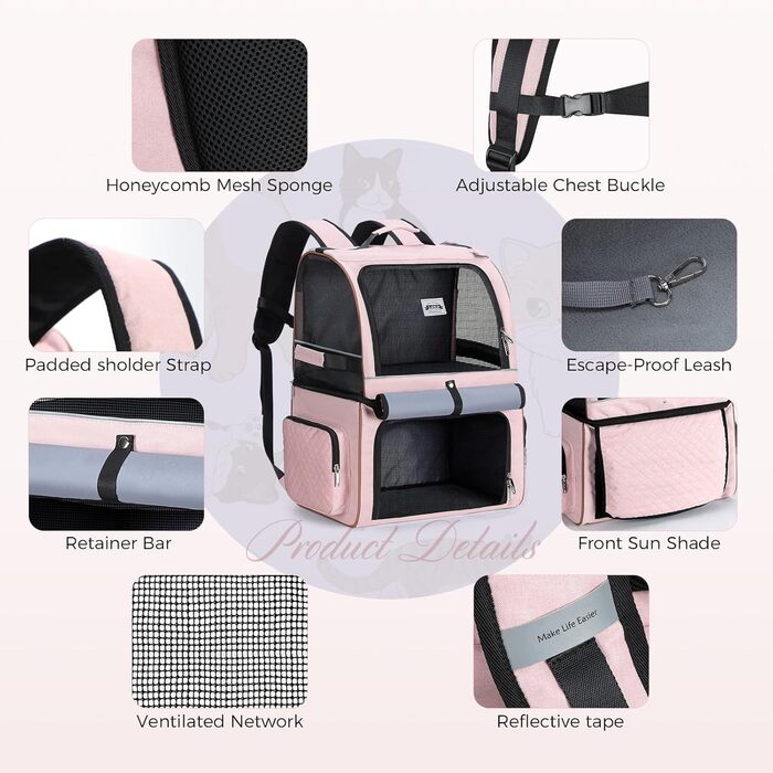 Подвійний рюкзак для котів на 2 котів, великий транспортний рюкзак для домашніх тварин, складаний рюкзак для котів та собак до 11 кг (рожевий)