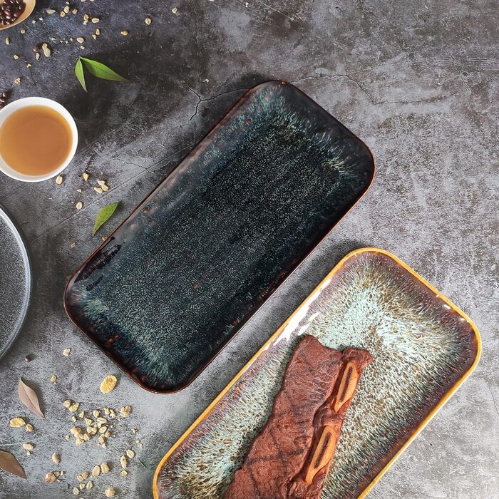 Набір керамічних тарілок YA JU (4 шт.) для основних страв, стейків, пасти, ризотто та закусок. Мікрохвильова піч, духовка, мийка посуду, стійкість до подряпин. Чорний прямокутний посуд