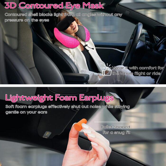 Подушка для шиї у літак - подушка для подорожей 100% Memory Foam - портативна подушка для літака - з 3D-маскою для сну та берушами - ідеальна для крісла літака, авто, дому, офісу, подушка для сну (Рожева)