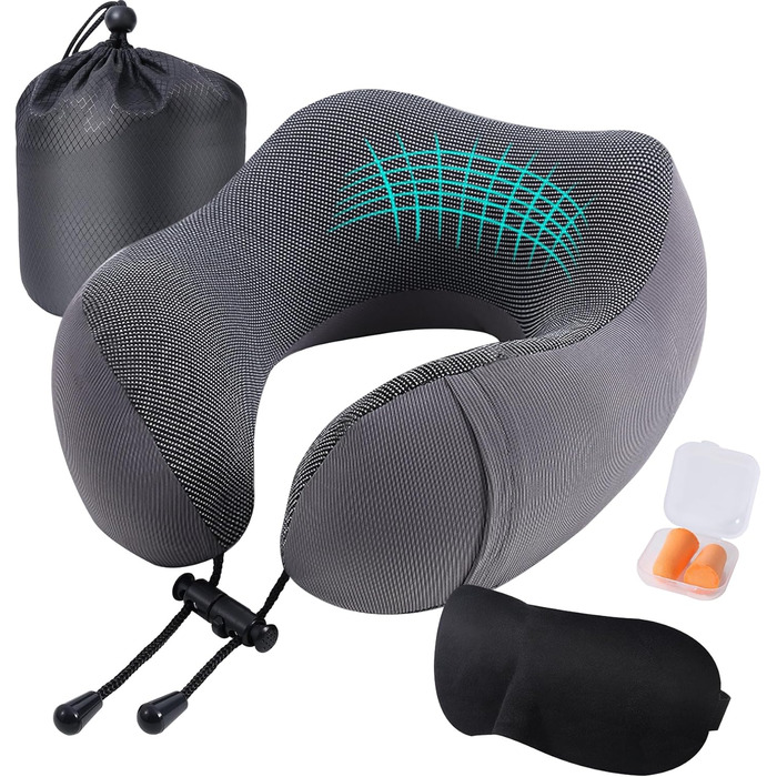 Подушка для шиї у подорожах: м'яка піна пам'яті, бавовна, U-подібна форма, з чохлом, для автомобіля, літака, офісу (сіра)