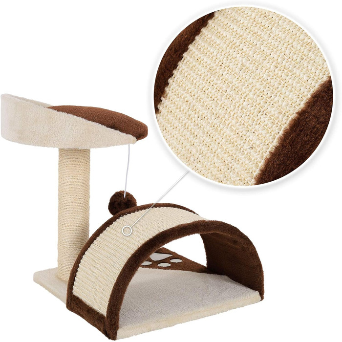 Kratzbaum, small with plush ball & scratching arch, height 43 cm, cozy lying area made of soft plush, stable with sisal rope for claw care, suitable for small & large cats, (Brown/Beige)