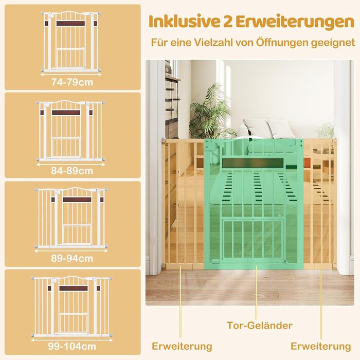 Захист для дверей Costway для собак, 74-104 см, 76 см заввишки, з маленькими дверцятами, 2 розширення, автозакривання та подвійний замок, без свердління, висувний захист для собак (білий)