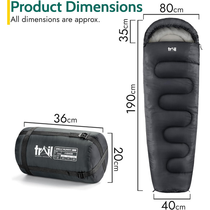 Спальний мішок Trail для дорослих – 3-сезонний, для кемпінгу, 300 GSM, з внутрішньою кишенею, легкий компресійний мішок (антрацитовий)