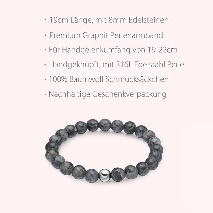 Браслет чоловічий day.berlin Premium з перлів та натурального каменю 8мм, 19см, нержавіюча сталь 316L, графітово-сірий