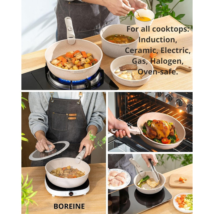 Набір посуду BOREINE 14 предметів: каструлі та сковороди з антипригарним гранітним покриттям (PFOA-free), знімні ручки, для всіх типів плит (індукція, склокераміка, газ, духовка), коричневий