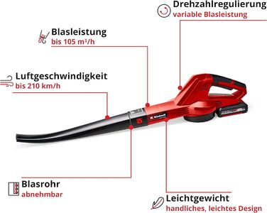 Акумуляторний повітродув Einhell GC-CL 18 Li E Kit, 18В, 210 км/год, регулювання швидкості, м'яка ручка, акумулятор 2,0 А·год і зарядний пристрій, Power X-Change