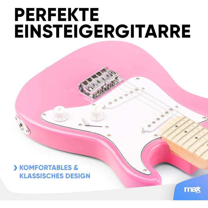 Електрогітара Max GigKit: Повний комплект для початківців (рожева, 1/4, 4/4), з підсилювачем 40W, чохлом, медіатором, ременем, тюнером, кабелем та запасними струнами