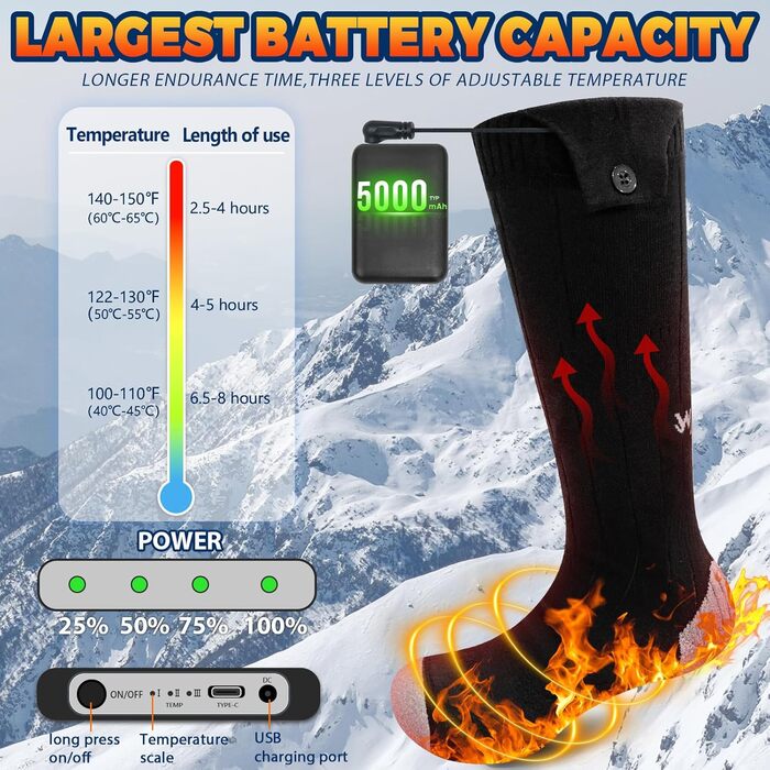 Обогревні шкарпетки з акумулятором 5000mAh, 36-42, до 65°C, без помаранчевих смуг
