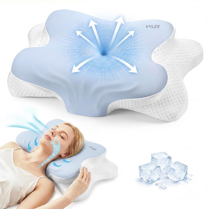 Ергономічна подушка для шиї та голови VYLEE з ефектом пам'яті (Memory Foam), подушка-метелик з двома рівнями висоти (10,5/12,5 см) для сну на боці, спині та животі, синя