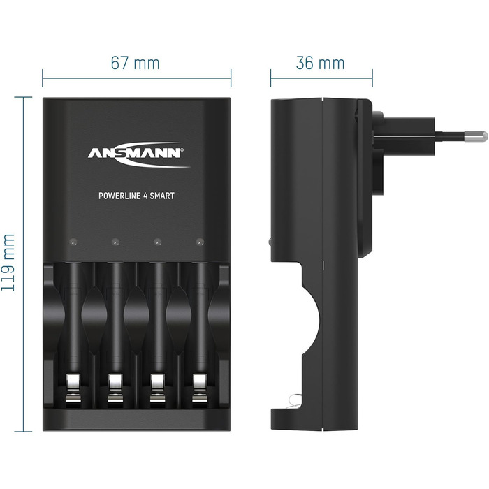 Зарядний пристрій ANSMANN Powerline 4 Smart з 4x NiMH акумуляторами 2850mAh для AA/AAA - автоматичний зарядний пристрій з режимом відновлення, для перезаряджуваних батарей (включно з 4x 1100mAh AAA)