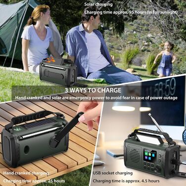 Радіо Kurbelradio на 20000mAh з Bluetooth, DAB/FM, сонячною панеллю, TF-карткою, AUX IN, TFT екраном, LED ліхтариком та SOS кнопкою (ArmyGreen)
