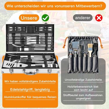 Набір грилю OUUTMEE 30шт з алюмінієвим кейсом: шампур, щипці, лопатка, ніж, пензлик для соусу. Інструменти для грилю, кемпінгу та відпочинку на природі