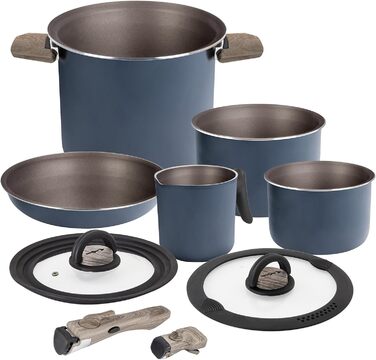 Набір посуду для кемпінгу Brunner HOHES: каструлі та сковорідки з алюмінію (діаметр 18, 20, 22 см), TORRALTA Vakublock, для 2-4 осіб, з антипригарним покриттям, легкий, високоякісний, стакесний.