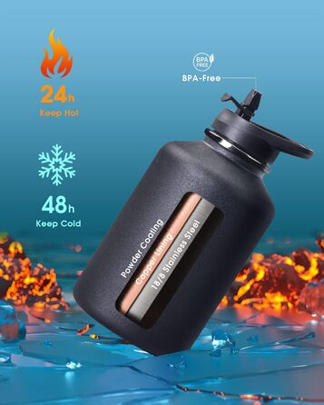 Coolflask 2L Stainless Steel Water Bottle with PU Leather Sleeve, Half Gallon Insulated Water Bottles with Straw Lid, Stainless Steel Metal Large Water Jug, Keeps Cold for 48h Hot for 24h, Polar Black