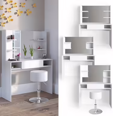 Vicco Vanity Table Daenerys, Dressing Table White, 100 cm White (White, with mirror & stool)