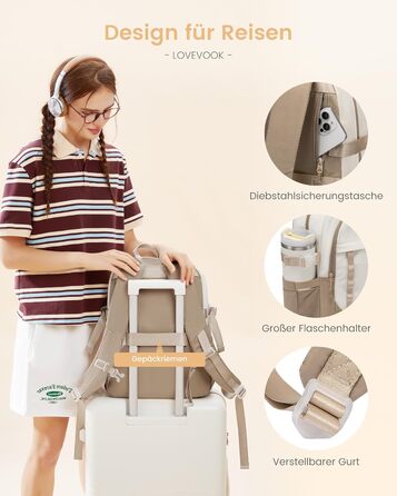 Шкільний рюкзак LOVEVOOK для дівчаток-підлітків, 15.6 дюймів, з відділенням для ноутбука, легкий, з помпоном, для школи, середньої школи, світло-жовтогарячий (15.6 дюймів, Y-бежевий світло-фіолетовий)