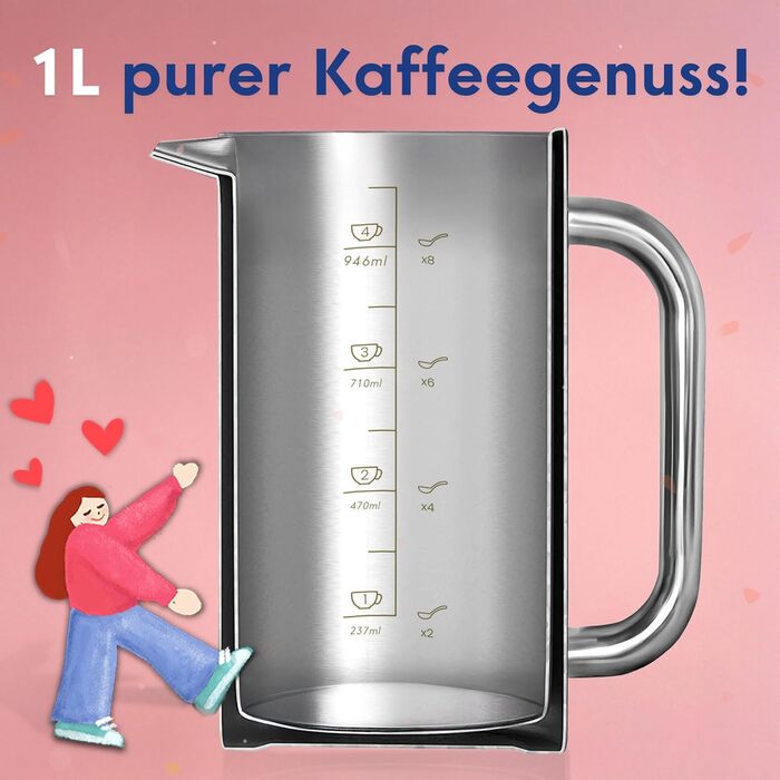 Френч-прес Ziruma 1 літр: нетоксичний, з нержавіючої сталі, з подвійними стінками та термосистемою