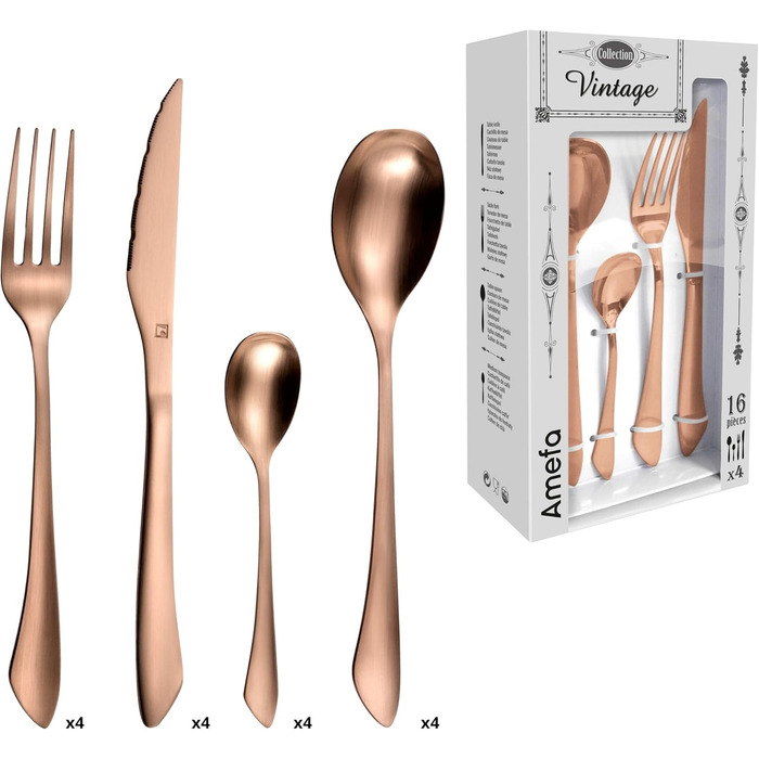 Набір столових приборів Amefa INSTINCT 16 предметів для 4 осіб, нержавіюча сталь 18/0, мідний колір, PVD покриття, вінтажний стиль