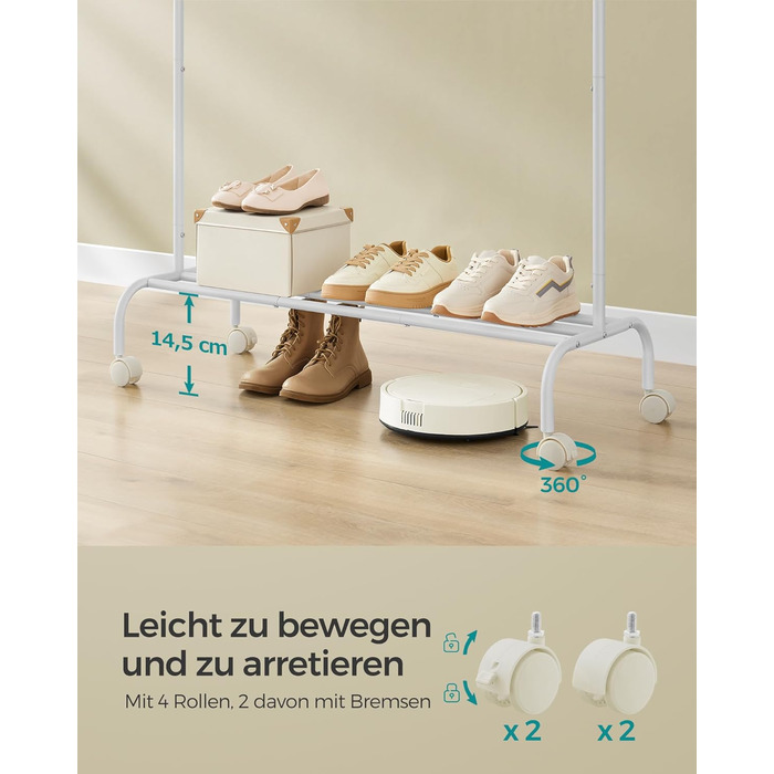 SONGMICS Вішалка для одягу на колесах, металева, біла, до 50 кг, 103,5 см, HSR131W01 Wolkenweiß