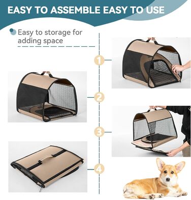 Складана переноска для собак Petfit для маленьких собак і котів, портативна та з гарною вентиляцією, для дому, з вигнутим дахом, переноска-ліжко для собак з анти-відкриваючим блискавкою та подушкою (Хакі, M)