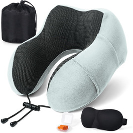 Подушка для шиї SOMLAW (2 шт.) з memory foam, ергономічна, для подорожей, літака, авто, офісу, з маскою для сну та берушами (сіро-білий)
