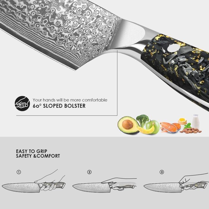 Японський ніж Kuchmesser Kyushublade з дамаської сталі (67 шарів), професійний, з унікальною ручкою з карбону та золота