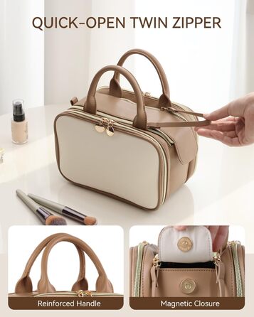 Косметичка для макіяжу Prite з великою місткістю, водонепроникна, з ручкою та кількома відділеннями, бежево-коричнева