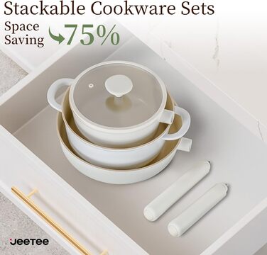 Набір посуду JEETEE 17 предметів з антипригарним покриттям Ceramic, знімні ручки, каструлі 16/20/24 см, сковороди 24/28 см, глибока сковорода 28 см, для всіх типів плит, сумісний з духовкою, бежевий