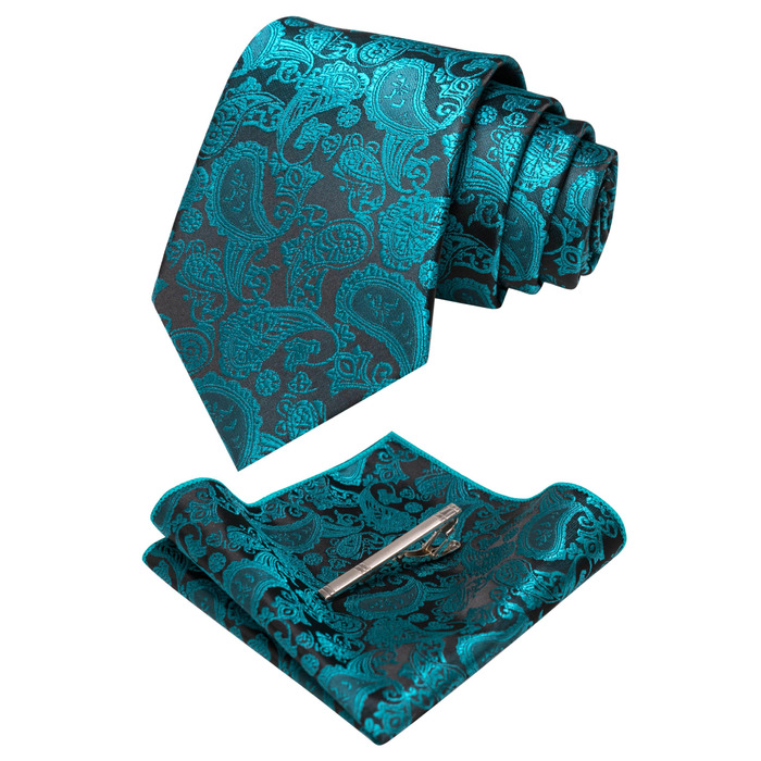 Краватка та нагрудна хустинка JEMYGINS Graziös Paisley з краваткотримачем (павіно-блакитний)