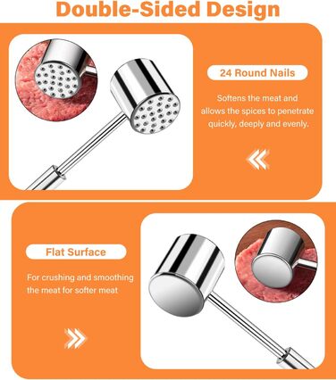 Fleischhmmer Bixury 27 см з нержавіючої сталі: подвійний молоток для м'яса з ребристою поверхнею для шніцелів, котлет, стейків, яловичини, свинини, курки (срібний)