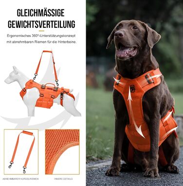 Шлейка для собак OneTigris Invictus, переносна допомога для собак середніх та великих порід, регульована, 3 ручки, для собак з обмеженими можливостями, травмованих або літніх, L (27-41 кг, обхват шиї 45-63 см, обхват грудей 68-91 см), помаранчевий
